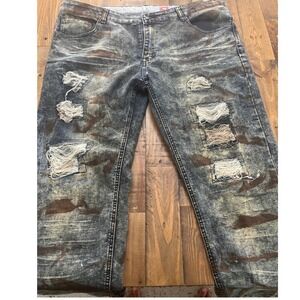 STITCHES & RIVETS Jeans Distressed Camo Streetwear Mens 40 Blue Acid Wash Denim
